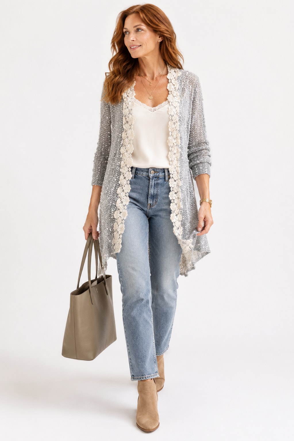 Anthropologie A'reve Lace Duster Cardigan Gray Cream Open Front Boho Size S